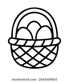 Simple black outline vector illustration of an Easter basket with eggs. Ideal for spring designs, holiday cards, farm themes, or children's craft projects.