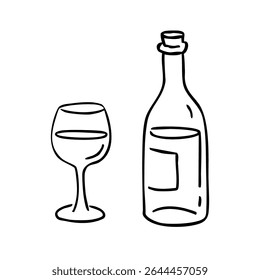 Simple black outline vector illustration of a wine bottle and glass. Ideal for menus, invitations, bar decor, or designs related to celebration and beverages.