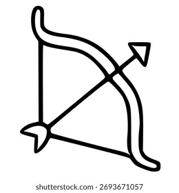A simple black outline vector illustration of a bow and arrow, isolated on a white background, symbolizing archery and precision.