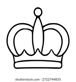 Ilustración vectorial de contorno negro simple de una corona real clásica con una aguja central coronada por un Pequeño círculo, con un borde inferior festoneado y elegantes bandas curvas.