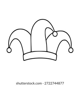 Ilustración vectorial de contorno negro simple de un sombrero de bufón con tres puntos y pompones colgantes.