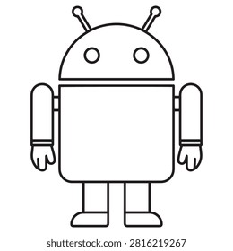 Simple black outline vector illustration of Android robot character, featuring antenna, eyes, and distinct body shape. Perfect for technology themes, digital concepts, and graphic design elements related to mobile systems.