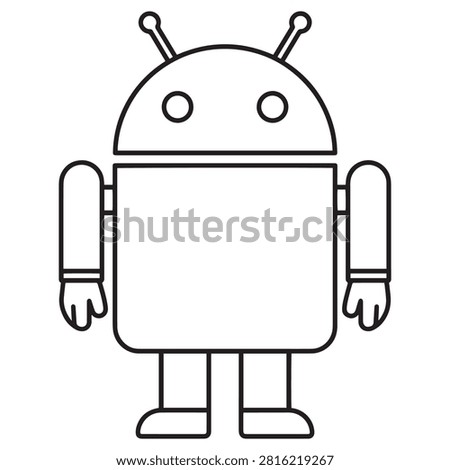 Simple black outline vector illustration of Android robot character, featuring antenna, eyes, and distinct body shape. Perfect for technology themes, digital concepts, and graphic design elements related to mobile systems.