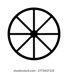 Simple black outline of a wheel with eight spokes, representing movement, industry, and mechanical design.