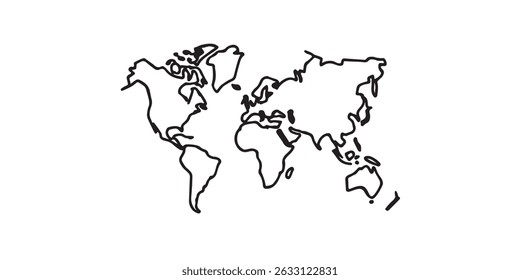 Mapa del mundo de contorno negro simple sobre fondo blanco.