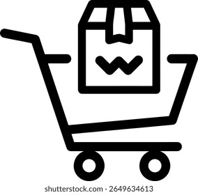 Icono negro delineado simple de un Carrito de compras que lleva una caja de producto