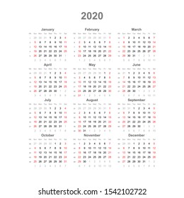 Simple black over white calendar 2020 design vector