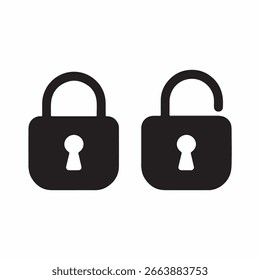 Iconos de candado negro simple: bloqueado y desbloqueado, concepto de seguridad, activo digital