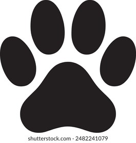 A simple, black paw print icon on a white background. The design features a large central pad with four smaller toe pads, symbolizing a generic animal footprint. Perfect for use in pet-related content