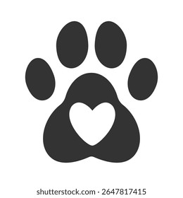 Simple black paw with white heart – adorable vector design for dog and cat lovers, veterinary branding, pet rescue, or minimalist animal-themed graphics.