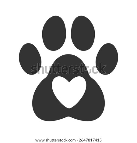 Simple black paw with white heart – adorable vector design for dog and cat lovers, veterinary branding, pet rescue, or minimalist animal-themed graphics.