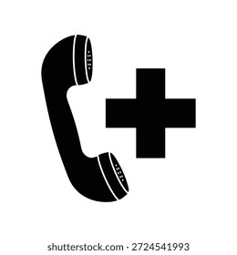 Icono de teléfono negro simple con signo más sobre fondo blanco