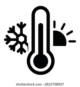 Simple black pictogram featuring a thermometer, sun and snowflake. Represents temperature, weather forecast, climate change and seasonal shifts.