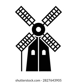 Simple black pictogram of a windmill with four blades. Minimalist symbol for renewable energy, agriculture, or countryside. Ideal for web, print, and logo design projects.