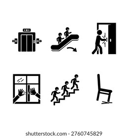 Los simples pictogramas negros muestran salidas de emergencia, escaleras y escaleras mecánicas en un estilo de silueta audaz.