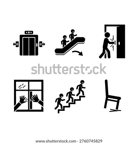 Simple black pictograms show emergency exits, stairs, and escalators in a bold silhouette style.