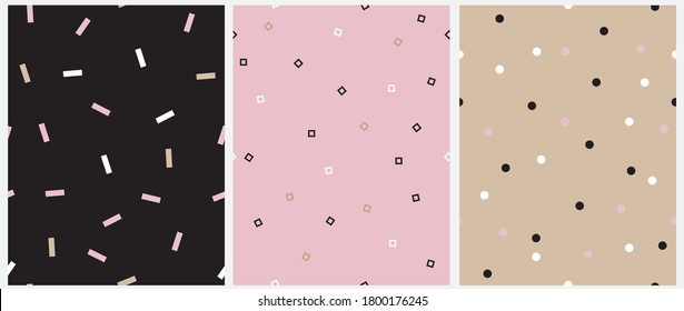 Simple Black, Pink and Beige Geometric Vector Seamless Pattern with Spots, Squares and Dots. Irregular Dotted Vector Print. 