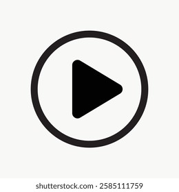 Simple black play button icon in a circle on a white background. Minimalist design with a bold, black triangle. Ideal for media, video, or audio applications. Vector isolated on white.