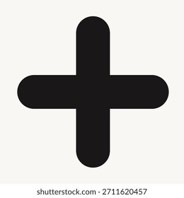 Um ícone simples de sinal de adição preto com bordas arredondadas, centralizado em um plano de fundo branco plano, representando adição ou valor positivo.