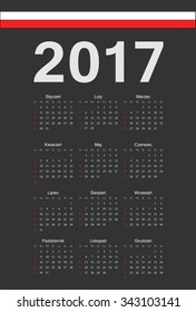 Simple black Polish 2017 year vector calendar. Week starts from Sunday.