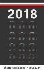 Simple black Polish 2018 year vector calendar. Week starts from Sunday.