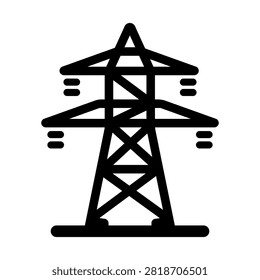 Simple black power transmission tower icon representing electricity distribution, high voltage lines and electrical grid infrastructure. Ideal for utilities, power networks, energy transmission, electrical engineering, industrial systems and infrastructure designs.