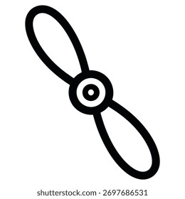 Um simples ícone de hélice preto em um fundo branco, simbolizando rotação, movimento, aviação e potência mecânica, perfeito para projetos de design.