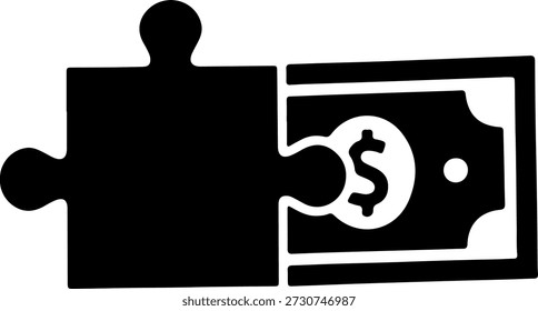 A simple black puzzle piece fitting into a dollar bill on a pure white background, symbolizing financial solutions.