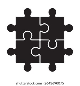 A simple black puzzle piece with rounded corners, perfect for team-building or strategic planning concepts.