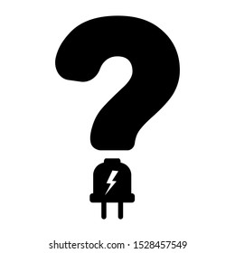 Simple black question mark with electric plug icon isolated on white background