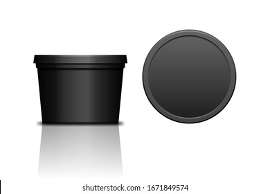 Simple black realistic plastic cosmetic jar for body of face cream, scrub. Isolated vector illustration. Round bottle with cap. Front and top view of packaging mockup template.