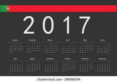Simple black rectangular Portuguese 2017 year vector calendar. Week starts from Sunday.