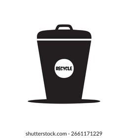 Icono negro simple de la papelera de reciclaje con el texto "Reciclar" en el centro. Vector de diseño plano de cubo de basura o cubo de basura, adecuado para el medio ambiente, ecológico, gestión de residuos o conceptos relacionados con el reciclaje. 