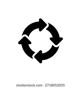 Um símbolo simples de reciclagem de preto consistindo em quatro setas dispostas em um padrão circular.