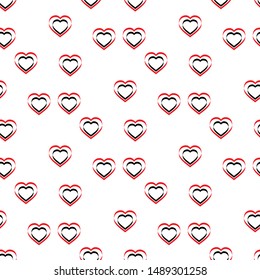 Simple black and red hearts seamless vector pattern. Valentines day background. Flat design endless chaotic texture made of tiny heart silhouettes. Shades of red.