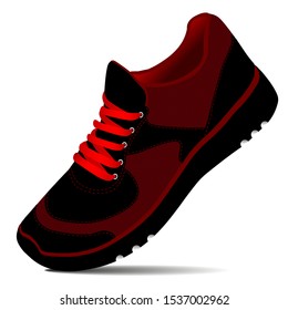 Simple black red sneakers for sports. Fitness shoes. Vector illustration