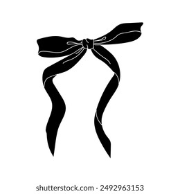 A simple black ribbon bow illustration, tied in a knot and with the tails flowing down.