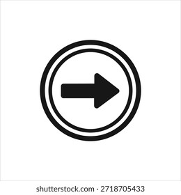 Uma seta simples para a direita preta dentro de uma borda circular dupla, apresentada claramente isolada em um fundo branco puro. Ideal para uso como ícone de navegação, indicador de direção ou elemento da Web.