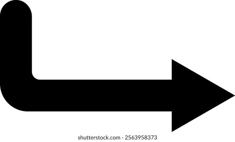 Simple black right arrow with rounded corner, ideal for indicating direction, progress, or movement in presentations, websites, and graphic designs, conveying a clear and concise visual message