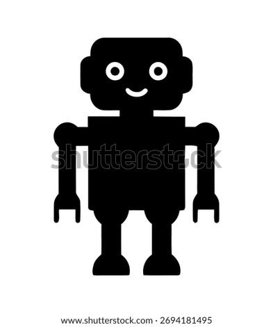 Simple Black Robot Silhouette With Round Eyes and Smiling Mouth on White Backdrop