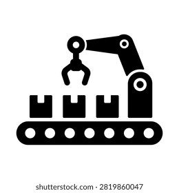 Simple black robotic arm with conveyor belt and packages representing automated manufacturing and industrial production. Ideal for factory automation, assembly lines, robotics, packaging, engineering, smart manufacturing and production technology designs.