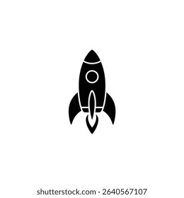 Simple black rocket ship silhouette taking off against a white background. Perfect for vector art, space exploration, or icon illustration projects and designs.