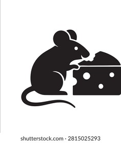 A simple black rodent nibbling on a block of Swiss cheese. Ideal for concepts of temptation or reward in marketing.