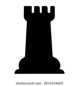 A simple black rook chess piece silhouette, symbolizing strategy, defense, and game tactics, set against a plain white background.