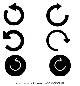 Simple black rotation arrows in circular motion. Minimal vector icons for refresh, repeat, sync, or update functions.Redo and undo icons.