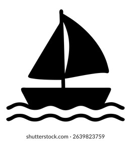 A simple, black sailboat icon sails on wavy water, ideal for nautical designs and representing maritime themes.