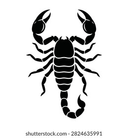 Simple black scorpion silhouette isolated on white background. Arachnid animal icon with pincers and segmented tail. Perfect for web design.