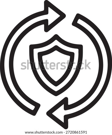Simple black security shield icon surrounded by circular arrows indicating protection and refresh or reload concept in a modern design element.