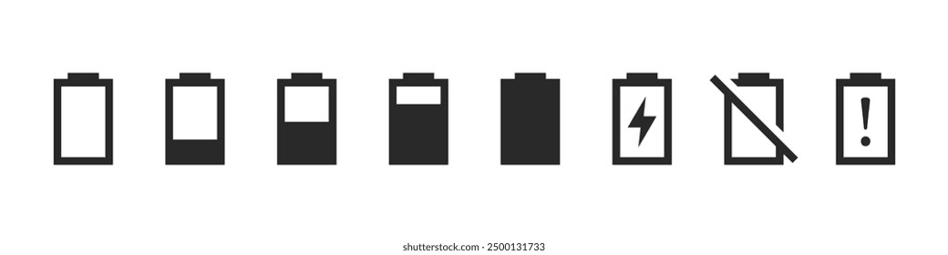 Simple black set of power energy batteries from 100 to 0 indicators. UI signs. Vector icons in flat style