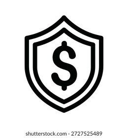 Icono de escudo negro simple con símbolo de signo de dólar sobre fondo blanco